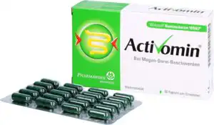 Activomin Kapseln, 60 grüne Kapseln in einer grün-weißen Box mit „Wirkstoff Huminsäuren WH67“ und „Bei Magen-Darm-Beschwerden“ auf der Verpackung.